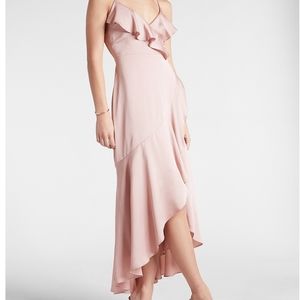 Express Satin Ruffle Wrap Hi-Lo Maxi Dress